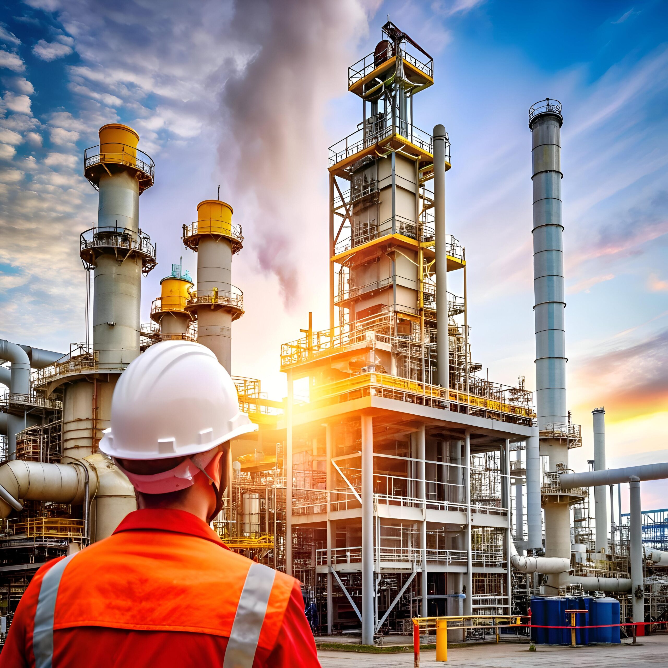 A lone worker in a hard hat stands in awe before a sprawling gas